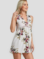 Wholesale White V-Neck Floral Print Mini Dresses