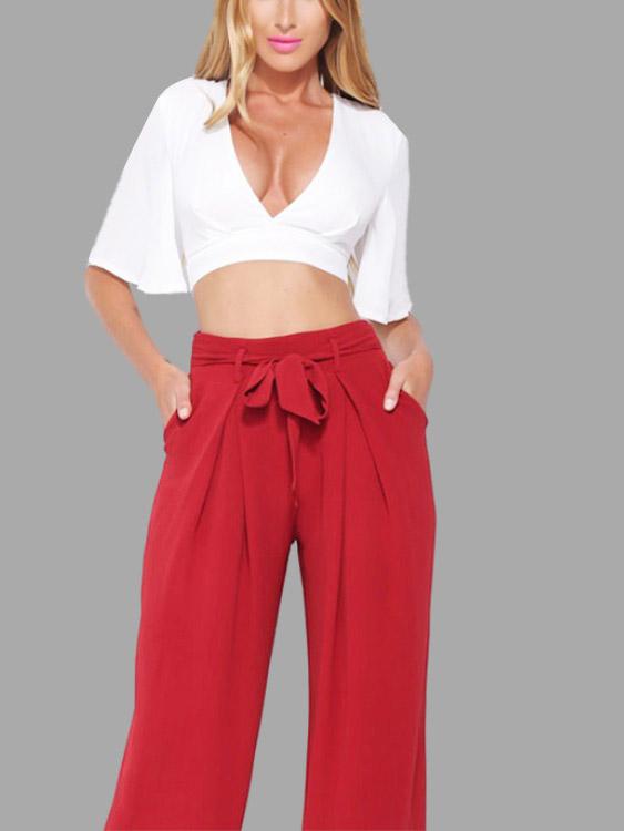 Wholesale V-Neck Plain Zip Back Lace-Up Half Sleeve White Top