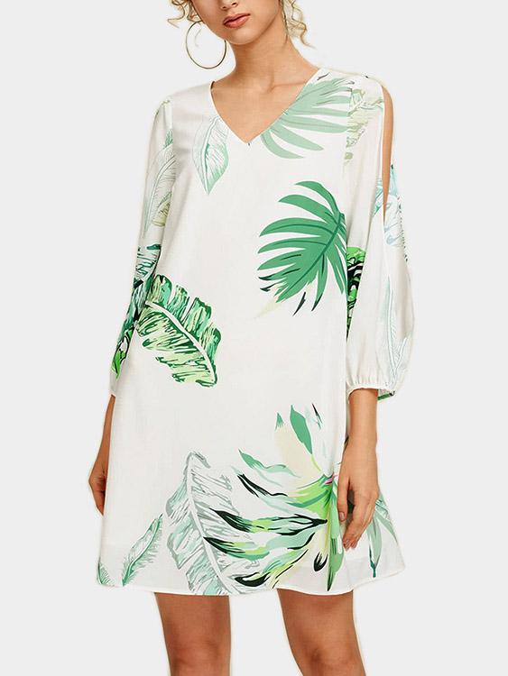 Wholesale White V-Neck Cold Shoulder 3/4 Length Sleeve Printed Dresses