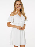 Wholesale White Halter Off The Shoulder Short Sleeve Plain Lace-Up Criss-Cross Wrap Casual Dresses