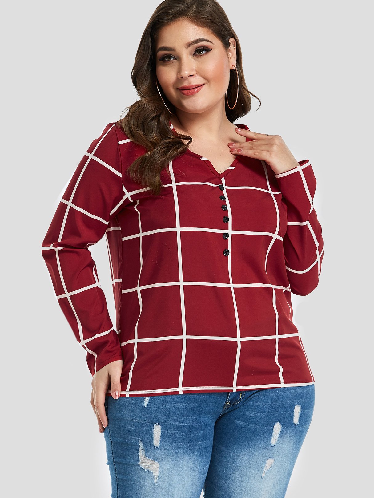 Wholesale V-Neck Grid Long Sleeve Plus Size Tops