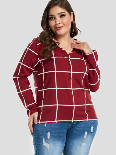 Wholesale V-Neck Grid Long Sleeve Plus Size Tops
