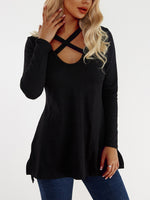 Wholesale V-Neck Pullover Crossed Front Long Sleeve Irregular Hem Black T-Shirts