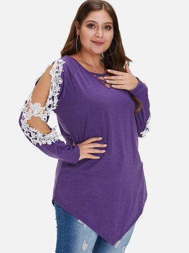Wholesale V-Neck Plain Lace Cut Out Criss-Cross Long Sleeve Curved Hem Purple Plus Size Tops