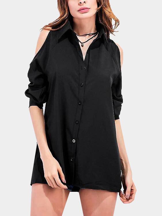Wholesale Cold Shoulder Plain Pleated Long Sleeve Black Blouses