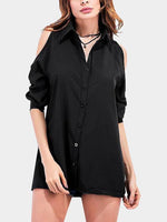 Wholesale Cold Shoulder Plain Pleated Long Sleeve Black Blouses