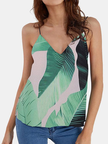 Wholesale V-Neck Printed Backless Spaghetti Strap Sleeveless Curved Hem Camis