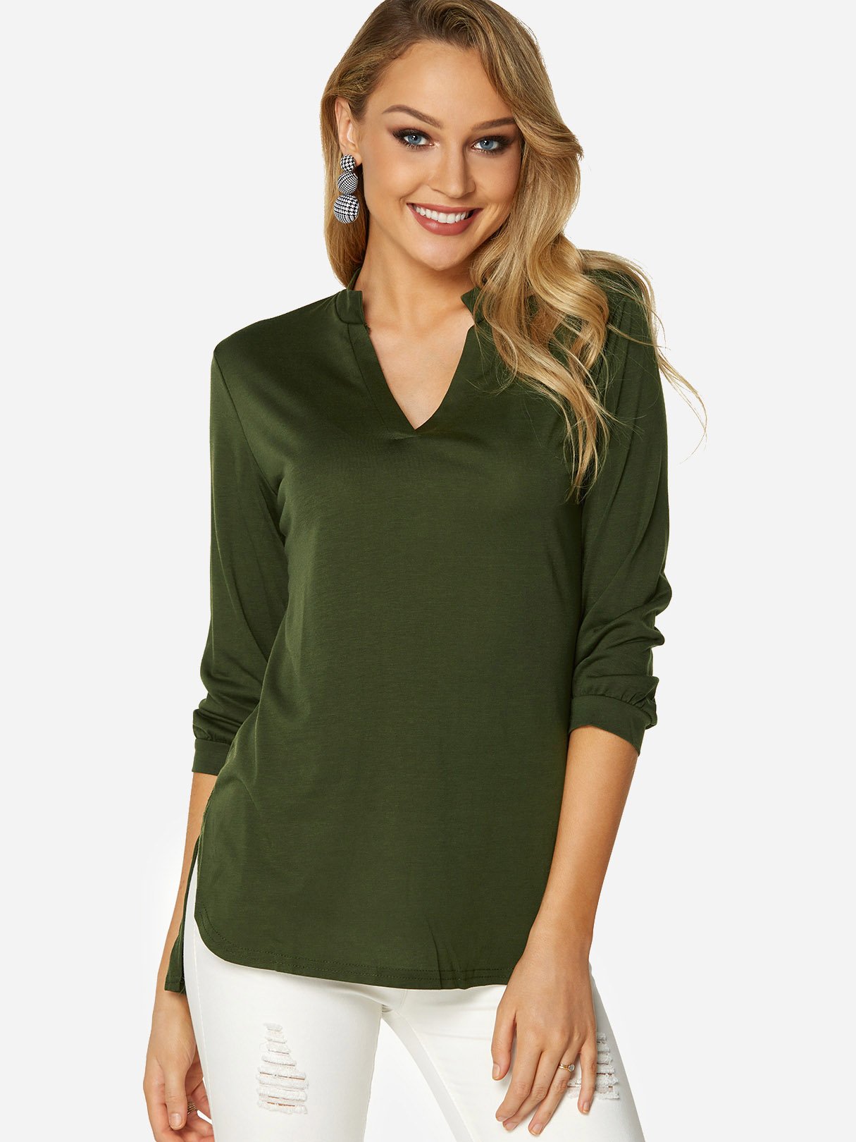 Wholesale V-Neck Plain 3/4 Sleeve Curved Hem T-Shirts