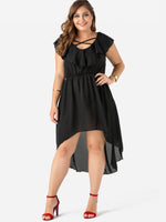 Wholesale V-Neck Plain Cut Out Short Sleeve Irregular Hem Black Plus Size Dresses