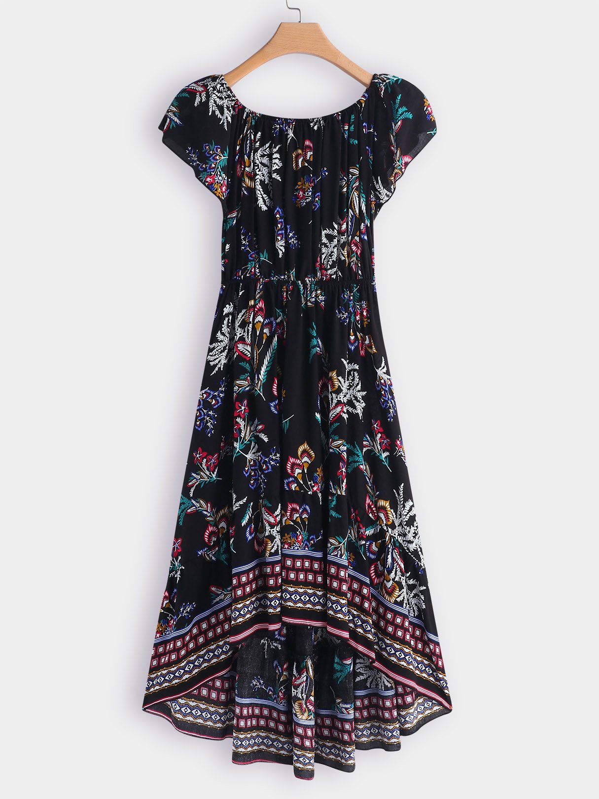 Wholesale Off The Shoulder Short Sleeve Floral Print Irregular Hem Dresses