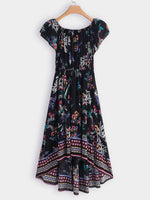 Wholesale Off The Shoulder Short Sleeve Floral Print Irregular Hem Dresses