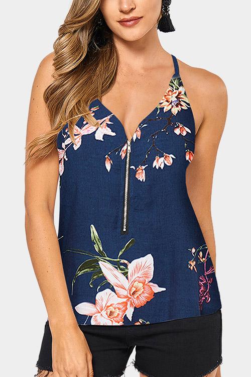 Wholesale Deep V-Neck Floral Print Zip Back Spaghetti Strap Sleeveless Camis