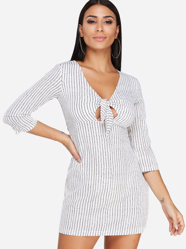 Wholesale White V-Neck 3/4 Length Sleeve Stripe Cut Out Dresses