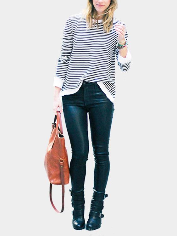 Wholesale Round Neck Stripe Long Sleeve Black & White T-Shirts