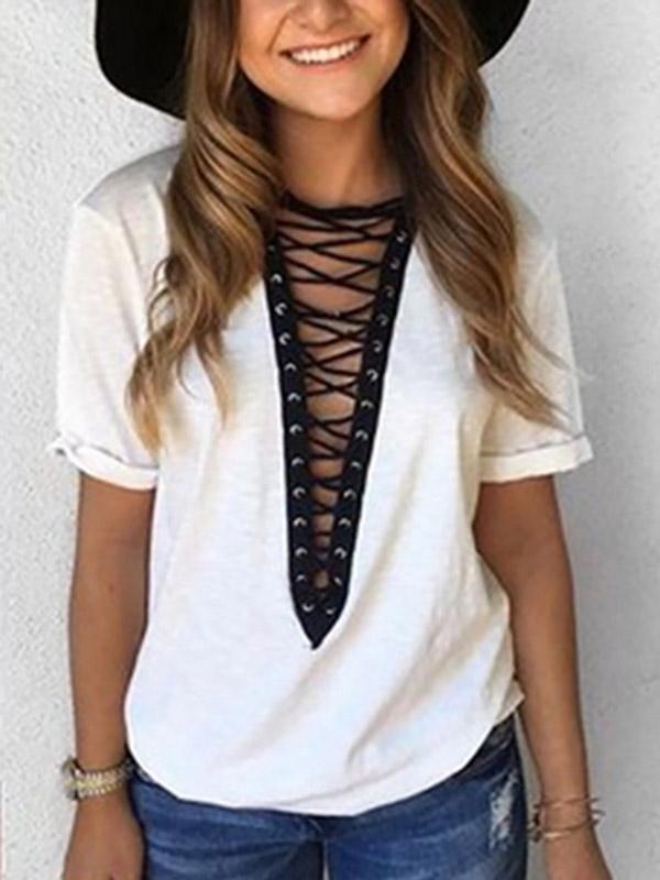 Wholesale Deep V Neck Crossed Front Lace-Up Short Sleeve White T-Shirts
