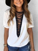 Wholesale Deep V Neck Crossed Front Lace-Up Short Sleeve White T-Shirts