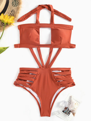 Wholesale Brown Halter Sleeveless Plain Hollow One-Pieces