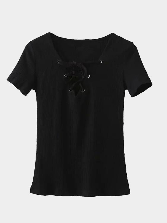 Wholesale Short Sleeve Lace-Up Front Knit T-Shirt