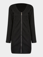 Wholesale V-Neck Zip Back Side Pockets Long Sleeve Black Dresses