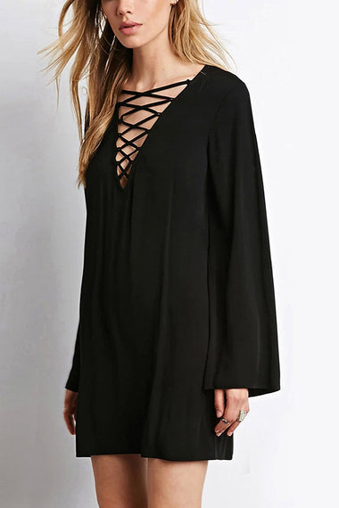 Wholesale V-Neck Long Sleeve Black Casual Dresses