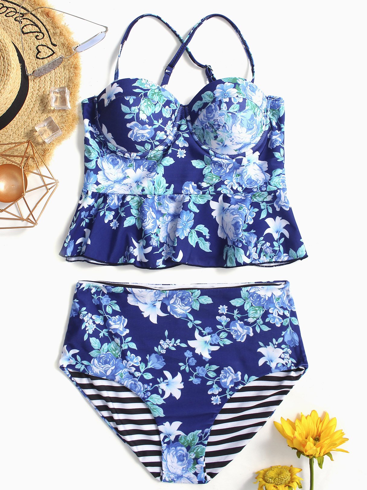 Wholesale Blue Halter Sleeveless Floral Print Backless Flounced Hem Two Piece Bikinis