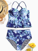 Wholesale Blue Halter Sleeveless Floral Print Backless Flounced Hem Two Piece Bikinis