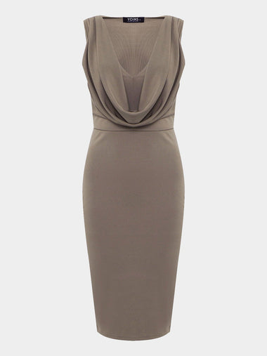 Wholesale Khaki V-Neck Drape Sagging Sleeveless Plain Pleated Midi Dress