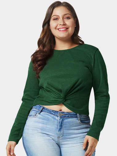 Wholesale Round Neck Plain Twist Long Sleeve Green Plus Size Tops