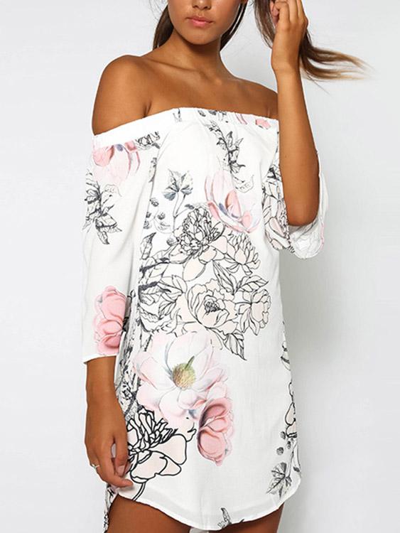 Wholesale White Off The Shoulder 3/4 Sleeve Length Floral Print Dresses