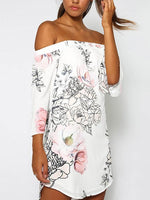 Wholesale White Off The Shoulder 3/4 Sleeve Length Floral Print Dresses