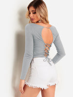 Wholesale V-Neck Plain Lace-Up Long Sleeve Grey T-Shirts