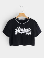 Wholesale V-Neck Letter Printed Short Sleeve Black T-Shirts