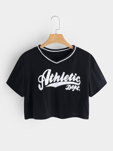 Wholesale V-Neck Letter Printed Short Sleeve Black T-Shirts