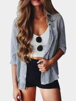 Wholesale Classic Collar Stripe Two Large Pockets Long Sleeve Blouses