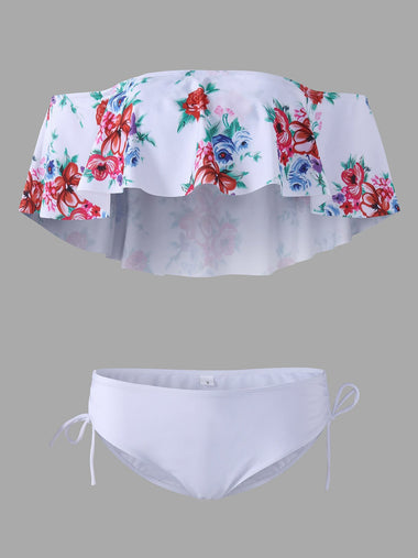 Wholesale Strapless Off The Shoulder Floral Print Lace-Up Sleeveless White Bikinis