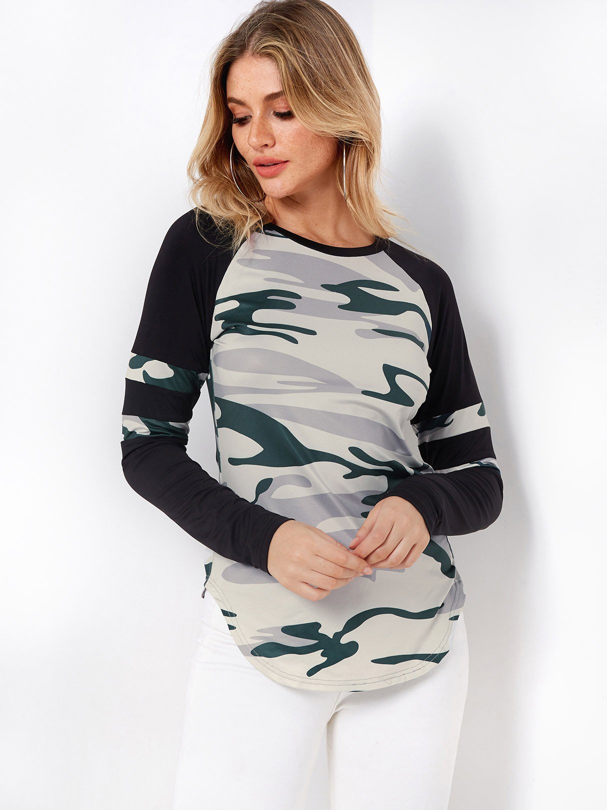 Wholesale Round Neck Camouflage Slit Long Sleeve Curved Hem T-Shirts