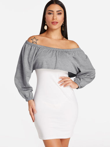Wholesale Grey Off The Shoulder Long Sleeve Plain Bodycon Hem Dresses