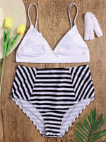 Wholesale Black V-Neck Sleeveless Stripe Plain Lace-Up High-Waisted Bikinis