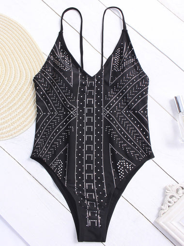 Wholesale Black V-Neck Sleeveless Geometrical One-Pieces
