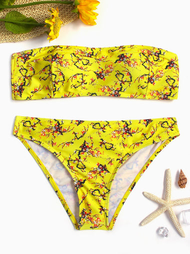 Wholesale Yellow Strapless Off The Shoulder Sleeveless Floral Print Backless Two Piece Bikinis