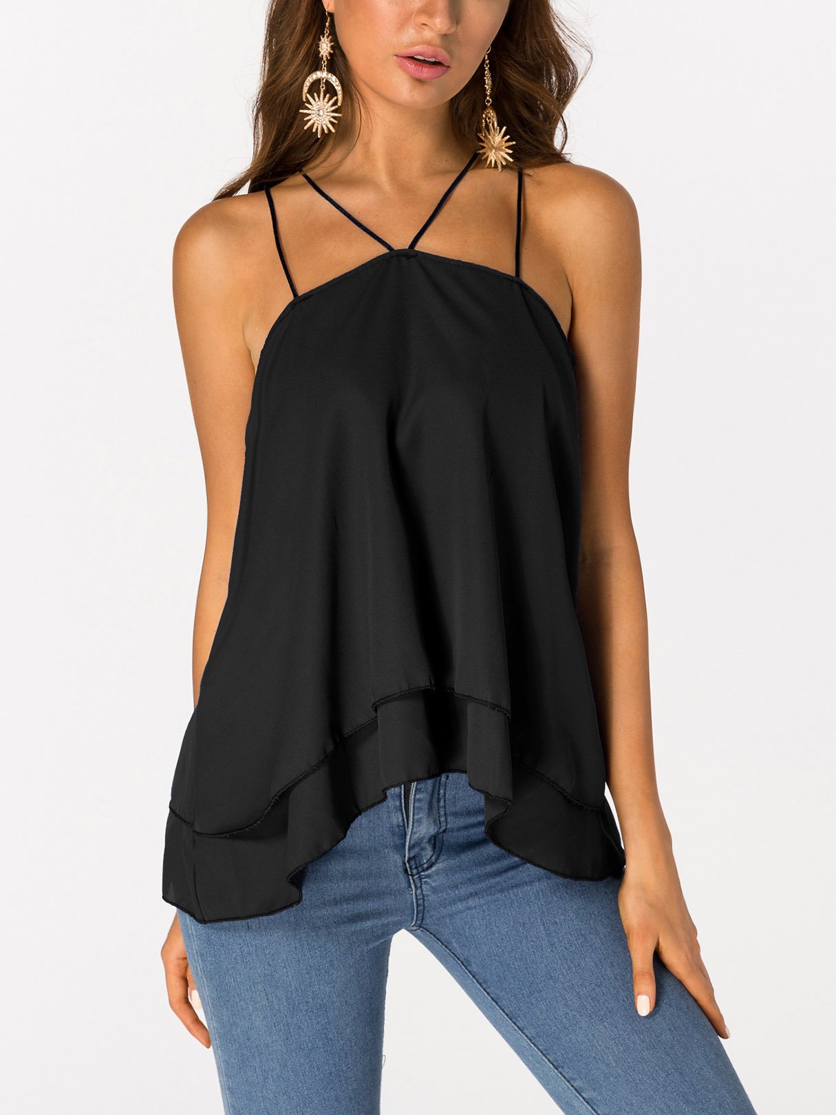 Wholesale Tiered Sleeveless Black Camis
