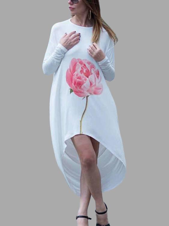 Wholesale White Round Neck Long Sleeve Floral Print Irregular Hem Dresses