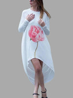 Wholesale White Round Neck Long Sleeve Floral Print Irregular Hem Dresses