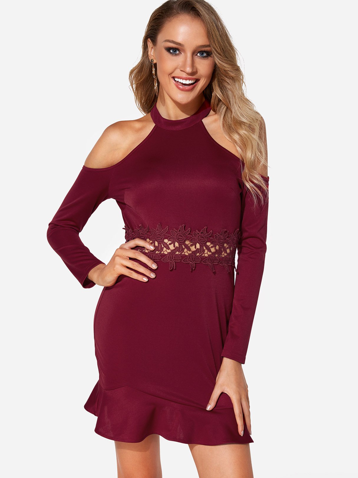 Wholesale Burgundy Cold Shoulder Long Sleeve Plain Lace Flounced Hem Sexy Dresses