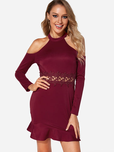 Wholesale Burgundy Cold Shoulder Long Sleeve Plain Lace Flounced Hem Sexy Dresses
