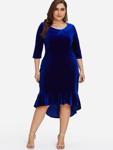 Wholesale Round Neck Plain 3/4 Sleeve Flounced Hem Plus Size Dress