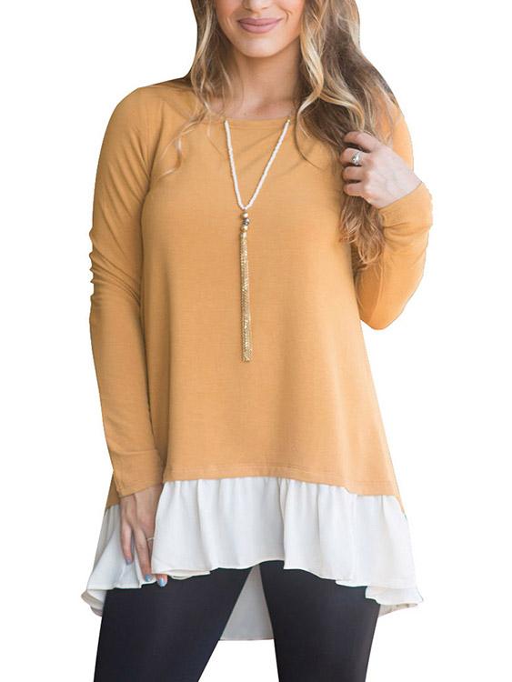 Wholesale Round Neck Plain Long Sleeve Flounced Hem Yellow T-Shirts