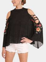 Wholesale Round Neck Cold Shoulder Embroidered Cut Out Long Sleeve Black Top