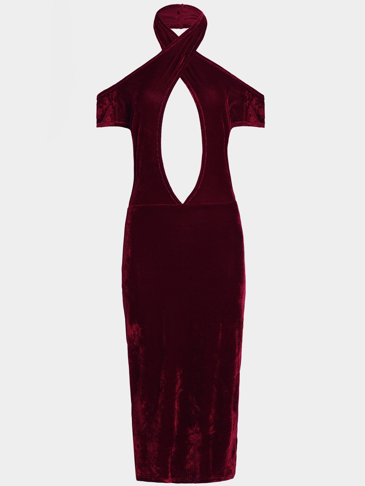 Wholesale Burgundy Halter Cold Shoulder Short Sleeve Backless Hollow Bodycon Hem Sexy Dresses
