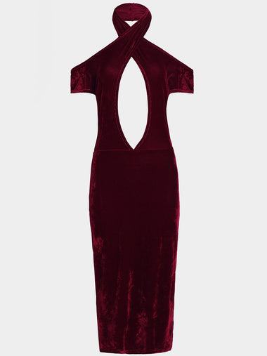 Wholesale Burgundy Halter Cold Shoulder Short Sleeve Backless Hollow Bodycon Hem Sexy Dresses